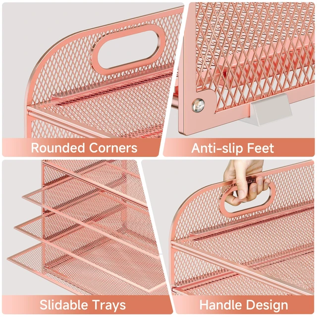 Alt view image 3 of 6 - Paper Organizer Letter Tray with Handle Mesh 5 Trays Desk File Organizer Paper Sorter Desk Organizer for Office, Home or School-Rose Gold