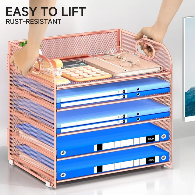 Alt view image 4 of 6 - Paper Organizer Letter Tray with Handle Mesh 5 Trays Desk File Organizer Paper Sorter Desk Organizer for Office, Home or School-Rose Gold