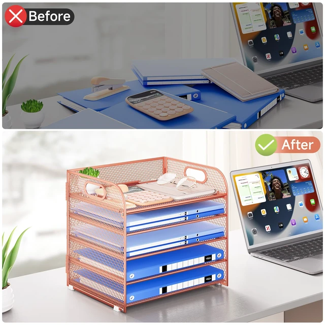 Alt view image 5 of 6 - Paper Organizer Letter Tray with Handle Mesh 5 Trays Desk File Organizer Paper Sorter Desk Organizer for Office, Home or School-Rose Gold
