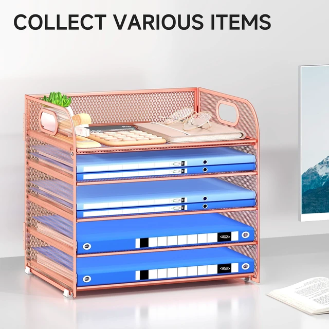 Alt view image 6 of 6 - Paper Organizer Letter Tray with Handle Mesh 5 Trays Desk File Organizer Paper Sorter Desk Organizer for Office, Home or School-Rose Gold