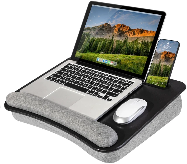 Main image of Portable Laptop Lap Desk Black, Fits 15.6" Laptops 13.5 Device Slot, Dual-Purpose Wrist Rest and Device Ledge, Two Storage Pockets, Full Microbead Cushion