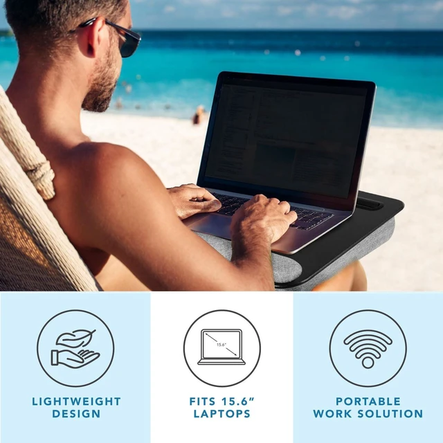 Alt view image 2 of 7 - Portable Laptop Lap Desk Black, Fits 15.6" Laptops 13.5 Device Slot, Dual-Purpose Wrist Rest and Device Ledge, Two Storage Pockets, Full Microbead Cushion