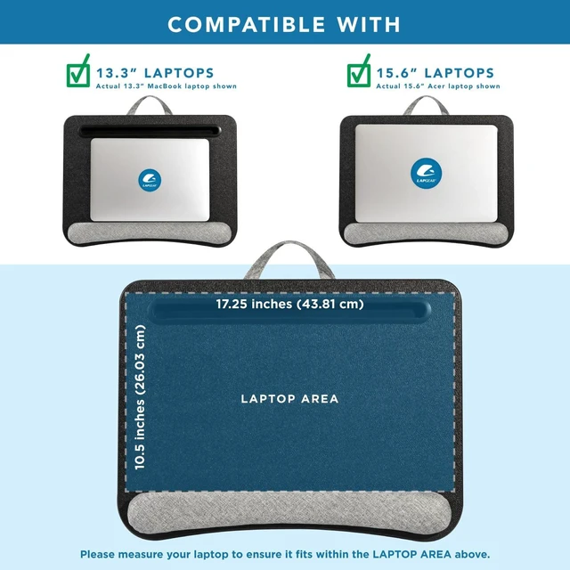 Alt view image 3 of 7 - Portable Laptop Lap Desk Black, Fits 15.6" Laptops 13.5 Device Slot, Dual-Purpose Wrist Rest and Device Ledge, Two Storage Pockets, Full Microbead Cushion