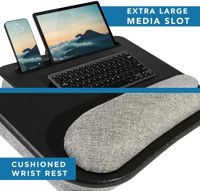 Alt view image 4 of 7 - Portable Laptop Lap Desk Black, Fits 15.6" Laptops 13.5 Device Slot, Dual-Purpose Wrist Rest and Device Ledge, Two Storage Pockets, Full Microbead Cushion
