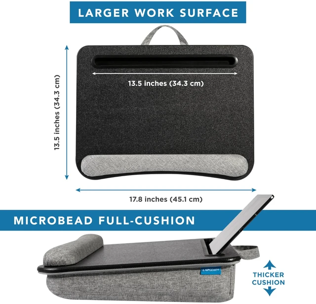 Alt view image 5 of 7 - Portable Laptop Lap Desk Black, Fits 15.6" Laptops 13.5 Device Slot, Dual-Purpose Wrist Rest and Device Ledge, Two Storage Pockets, Full Microbead Cushion