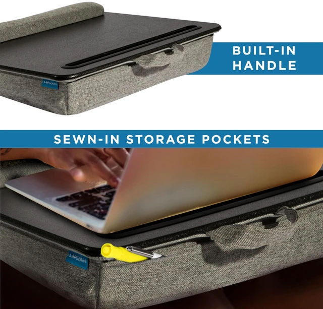 Alt view image 6 of 7 - Portable Laptop Lap Desk Black, Fits 15.6" Laptops 13.5 Device Slot, Dual-Purpose Wrist Rest and Device Ledge, Two Storage Pockets, Full Microbead Cushion