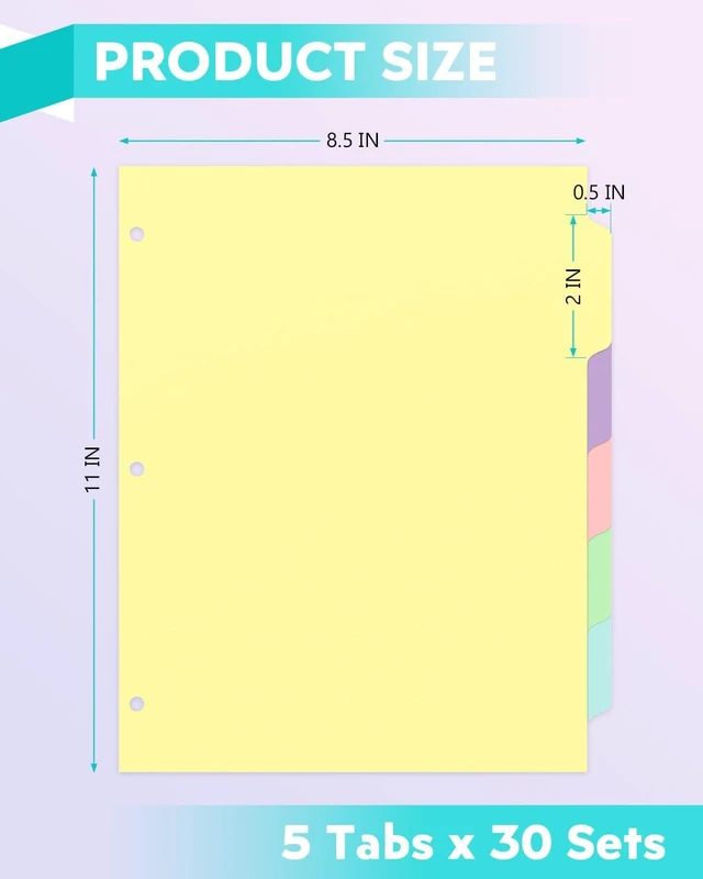 Alt view image 2 of 7 - 3 Ring Binder Dividers 5 Tabs,150Pcs/30Sets Letter Size 8.5 x 11 Inch 5 Colors Durable 3 Hole Punch Paper Index Dividers, Ideal for Kids, Women and Students