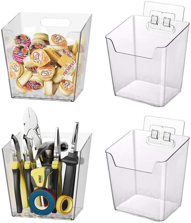 Main image of Clear Adhesive Wall Storage Bins, 4 Pack Cabinet Door Organizer Cups(Large) Clear PET Hanging Wall Mount Pockets, Plastic Caddy for Shower Bathroom Makeup Office Craft Kitchen Sink RV Organization