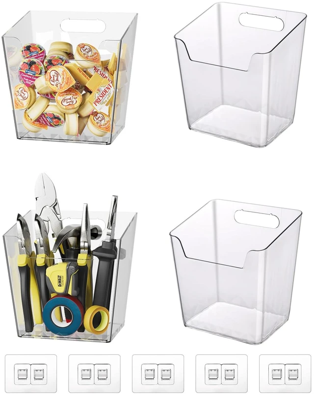 Alt view image 7 of 7 - Clear Adhesive Wall Storage Bins, 4 Pack Cabinet Door Organizer Cups(Large) Clear PET Hanging Wall Mount Pockets, Plastic Caddy for Shower Bathroom Makeup Office Craft Kitchen Sink RV Organization