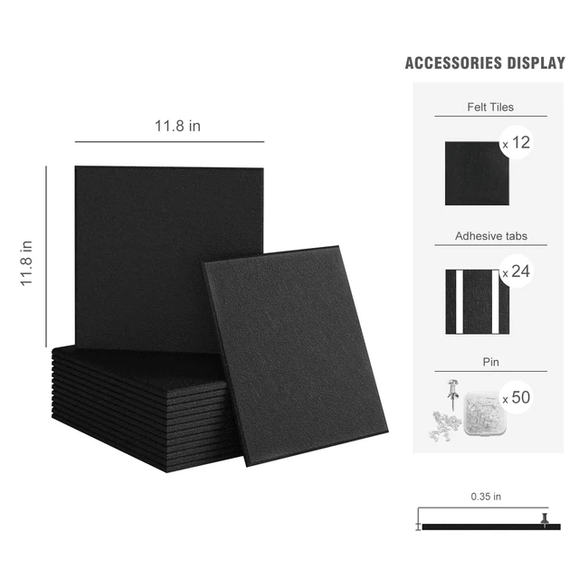 Alt view image 3 of 7 - 48"x36" Felt Corkboard Bulletin Board, 12 Pack for Wall,Black Includes 50 Pushpins & Clips, Removable Adhesive Tabs, Alternative Wall Tiles for Home, Office Decor, Install Without Damage