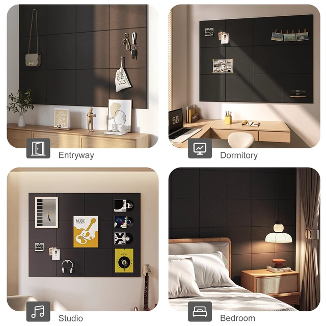Alt view image 5 of 7 - 48"x36" Felt Corkboard Bulletin Board, 12 Pack for Wall,Black Includes 50 Pushpins & Clips, Removable Adhesive Tabs, Alternative Wall Tiles for Home, Office Decor, Install Without Damage