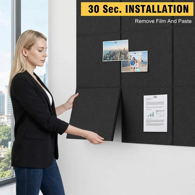 Alt view image 7 of 7 - 48"x36" Felt Corkboard Bulletin Board, 12 Pack for Wall,Black Includes 50 Pushpins & Clips, Removable Adhesive Tabs, Alternative Wall Tiles for Home, Office Decor, Install Without Damage