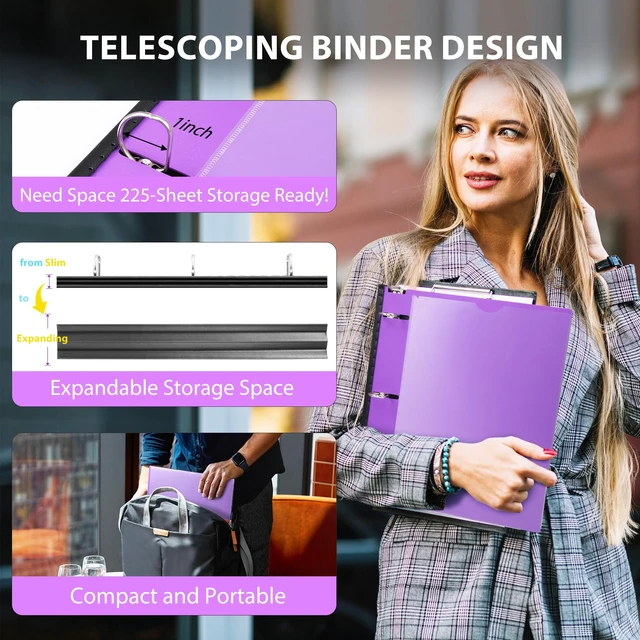 Alt view image 2 of 7 - 1 Inch Telescoping 3 Ring Binder 4 Pack, Expandable Flexible Binder with Customizable Front Cover & Clear Catalog Pocket, Holds 8.5"x11" Paper, Assorted Colors, School Office Supplies