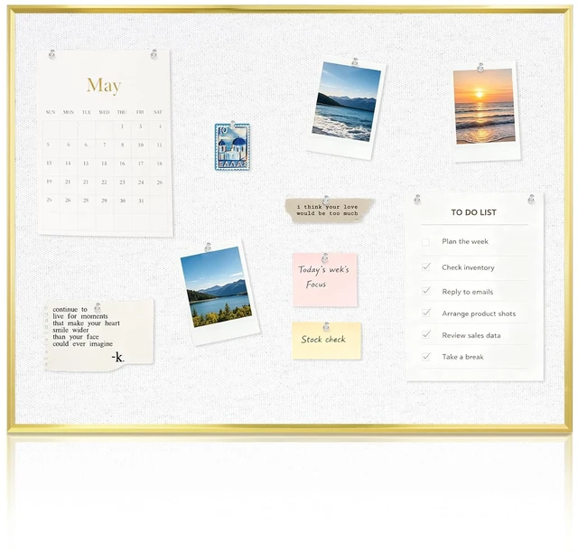 Main image of Linen Bulletin Board, 24"x18" Decorative Fabric Pin Board Vision Board Gold Aluminum Frame, Upgraded White Canvas Surface, Wall Mounted, for Home Office Bedroom Dorm Wall Decor