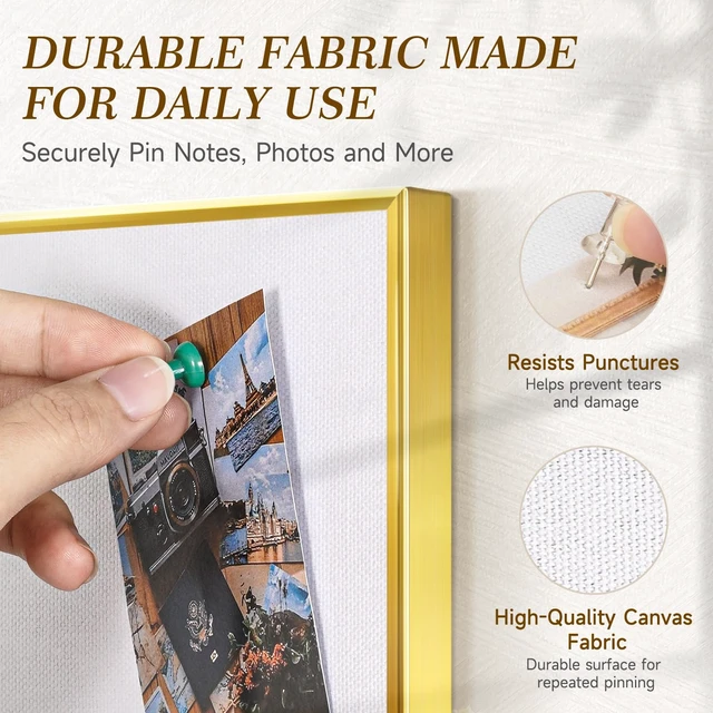 Alt view image 2 of 7 - Linen Bulletin Board, 24"x18" Decorative Fabric Pin Board Vision Board Gold Aluminum Frame, Upgraded White Canvas Surface, Wall Mounted, for Home Office Bedroom Dorm Wall Decor