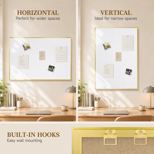 Alt view image 4 of 7 - Linen Bulletin Board, 24"x18" Decorative Fabric Pin Board Vision Board Gold Aluminum Frame, Upgraded White Canvas Surface, Wall Mounted, for Home Office Bedroom Dorm Wall Decor