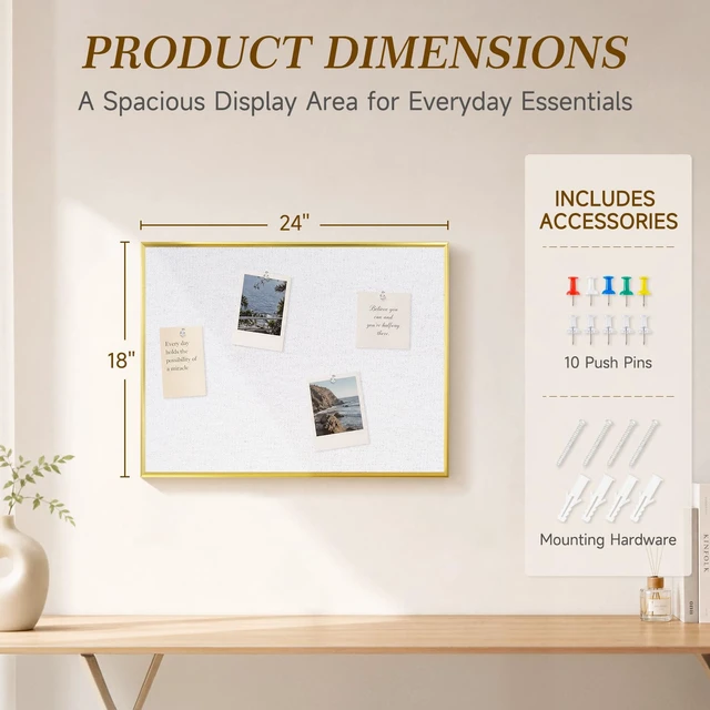 Alt view image 5 of 7 - Linen Bulletin Board, 24"x18" Decorative Fabric Pin Board Vision Board Gold Aluminum Frame, Upgraded White Canvas Surface, Wall Mounted, for Home Office Bedroom Dorm Wall Decor