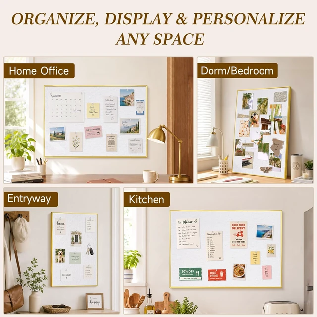 Alt view image 6 of 7 - Linen Bulletin Board, 24"x18" Decorative Fabric Pin Board Vision Board Gold Aluminum Frame, Upgraded White Canvas Surface, Wall Mounted, for Home Office Bedroom Dorm Wall Decor