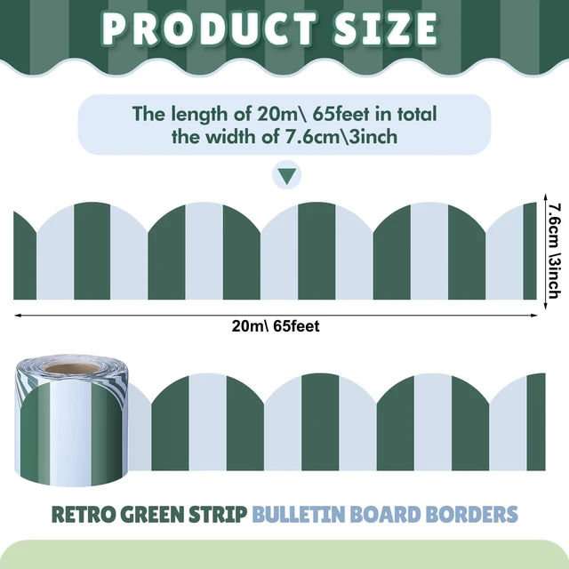 Alt view image 2 of 6 - 65 ft Green Stripe Bulletin Board Border Retro Green Blue Class Decor Retro Green and Blue Stripes, Scalloped Edges, Durable Waterproof Lamination, for Back to School Whiteboard Walls Desk Decor
