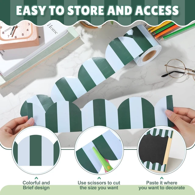 Alt view image 3 of 6 - 65 ft Green Stripe Bulletin Board Border Retro Green Blue Class Decor Retro Green and Blue Stripes, Scalloped Edges, Durable Waterproof Lamination, for Back to School Whiteboard Walls Desk Decor