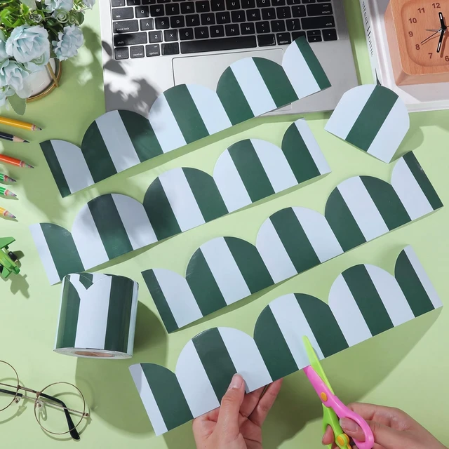 Alt view image 4 of 6 - 65 ft Green Stripe Bulletin Board Border Retro Green Blue Class Decor Retro Green and Blue Stripes, Scalloped Edges, Durable Waterproof Lamination, for Back to School Whiteboard Walls Desk Decor