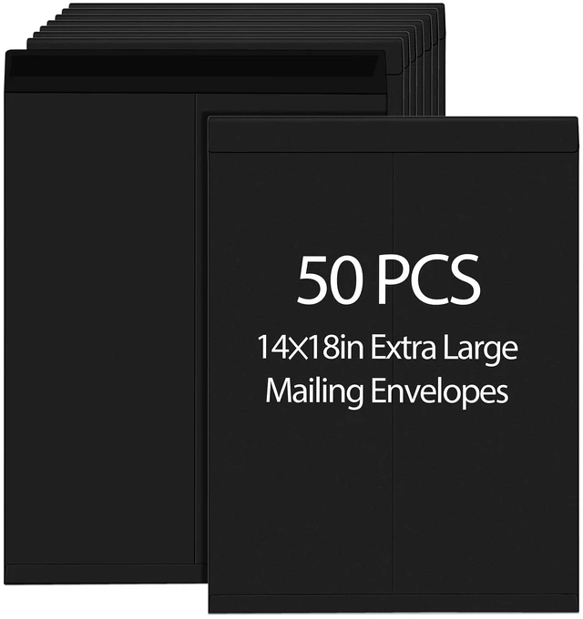 Main image of 50 Pcs 14'' x 18'' Large Mailing Envelopes 32lb with Gummed Flaps Black Heavyweight Kraft Paper, Catalog Jumbo Size for Documents, Office Storage and Organizing Supplies, Self-seal Flap