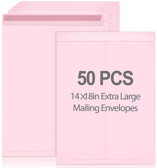 Main image of 50 Pcs 14'' x 18'' Large Mailing Envelopes 32lb with Gummed Flaps Pink Heavyweight Kraft Paper, Catalog Jumbo Size for Documents, Office Storage and Organizing Supplies, Self-Adhesive Flap