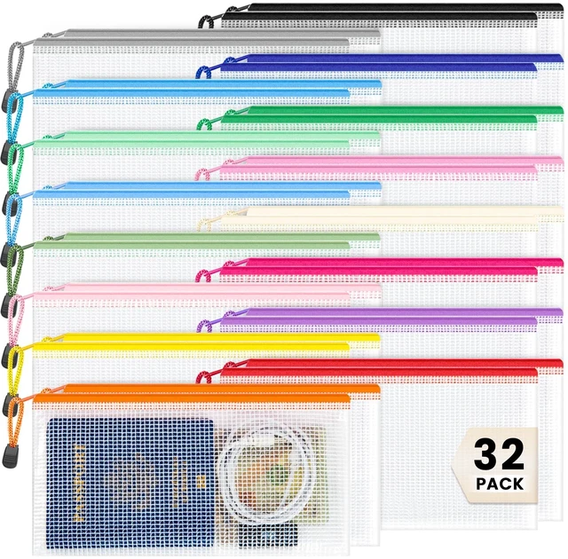 Main image of 32 Pack A6 Mesh Zipper Pouch Bulk for Office Receipt & Puzzle 16 Colors (2 Per Color), Waterproof Clear PVC Pencil Bags for Classroom Supplies, Puzzles, Receipts and Office Sorting