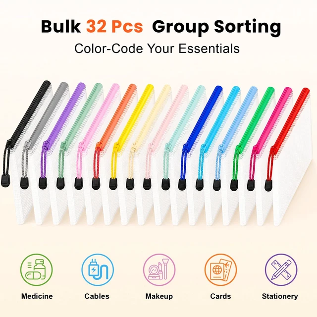 Alt view image 2 of 7 - 32 Pack A6 Mesh Zipper Pouch Bulk for Office Receipt & Puzzle 16 Colors (2 Per Color), Waterproof Clear PVC Pencil Bags for Classroom Supplies, Puzzles, Receipts and Office Sorting