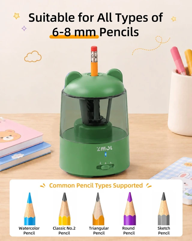 Alt view image 2 of 7 - Rechargeable Electric Pencil Sharpener for Colored Pencils Green Automatic Stop 3 Modes To Choose Quick Charge Classroom/Home use