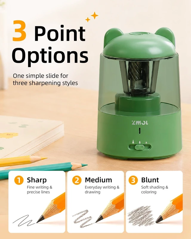 Alt view image 3 of 7 - Rechargeable Electric Pencil Sharpener for Colored Pencils Green Automatic Stop 3 Modes To Choose Quick Charge Classroom/Home use