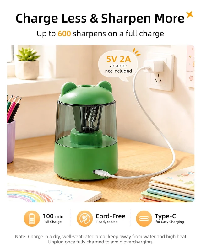 Alt view image 4 of 7 - Rechargeable Electric Pencil Sharpener for Colored Pencils Green Automatic Stop 3 Modes To Choose Quick Charge Classroom/Home use