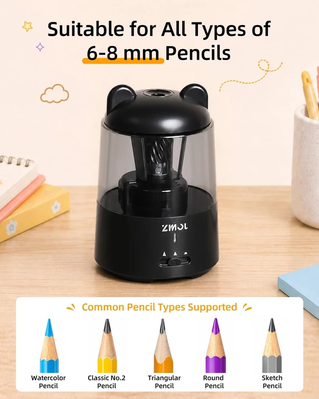 Alt view image 2 of 7 - Rechargeable Electric Pencil Sharpener for Colored Pencils Black Automatic Stop 3 Modes To Choose Quick Charge Classroom/Home use