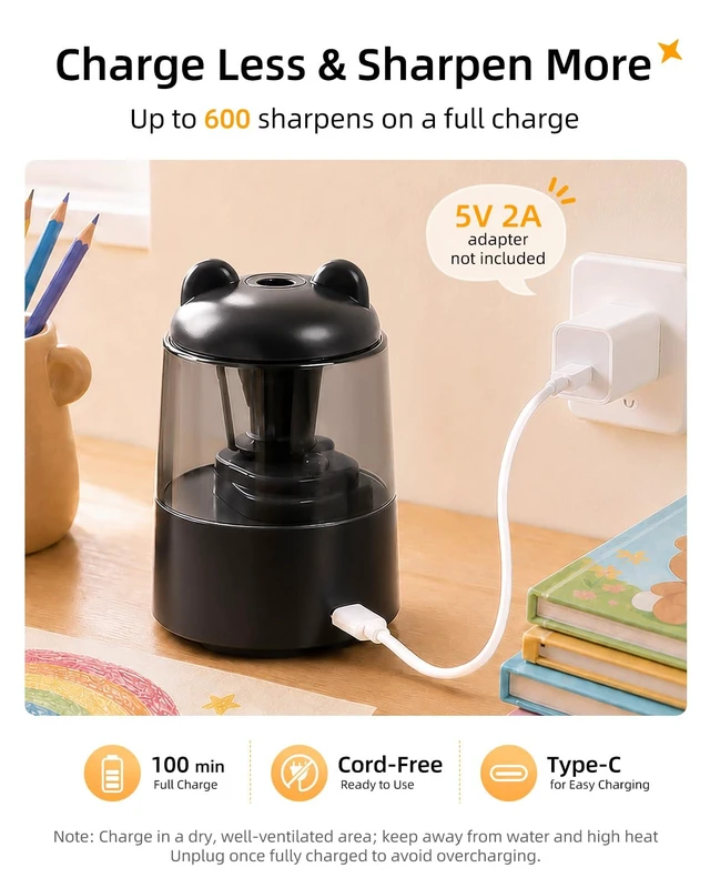 Alt view image 4 of 7 - Rechargeable Electric Pencil Sharpener for Colored Pencils Black Automatic Stop 3 Modes To Choose Quick Charge Classroom/Home use