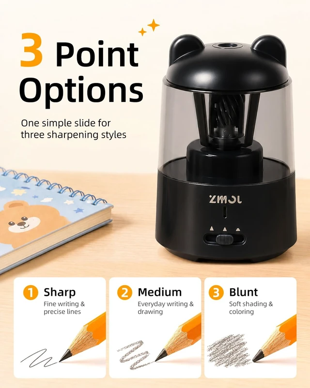 Alt view image 3 of 7 - Rechargeable Electric Pencil Sharpener for Colored Pencils Black Automatic Stop 3 Modes To Choose Quick Charge Classroom/Home use