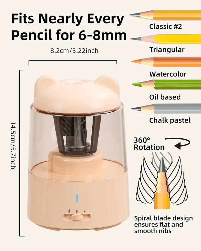 Alt view image 2 of 7 - Electric Pencil Sharpener for Colored Pencils, Auto Stop,Pink 3 Sharpening Modes,Suitable for No.2/Colored (6-8mm),Cordless Rechargeable,Cute for Kids Gift, for Classroom/Office/Home