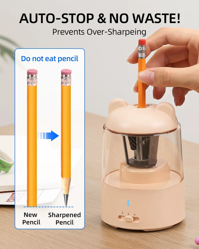 Alt view image 5 of 7 - Electric Pencil Sharpener for Colored Pencils, Auto Stop,Pink 3 Sharpening Modes,Suitable for No.2/Colored (6-8mm),Cordless Rechargeable,Cute for Kids Gift, for Classroom/Office/Home
