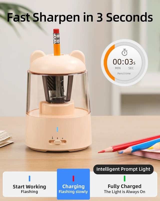 Alt view image 6 of 7 - Electric Pencil Sharpener for Colored Pencils, Auto Stop,Pink 3 Sharpening Modes,Suitable for No.2/Colored (6-8mm),Cordless Rechargeable,Cute for Kids Gift, for Classroom/Office/Home