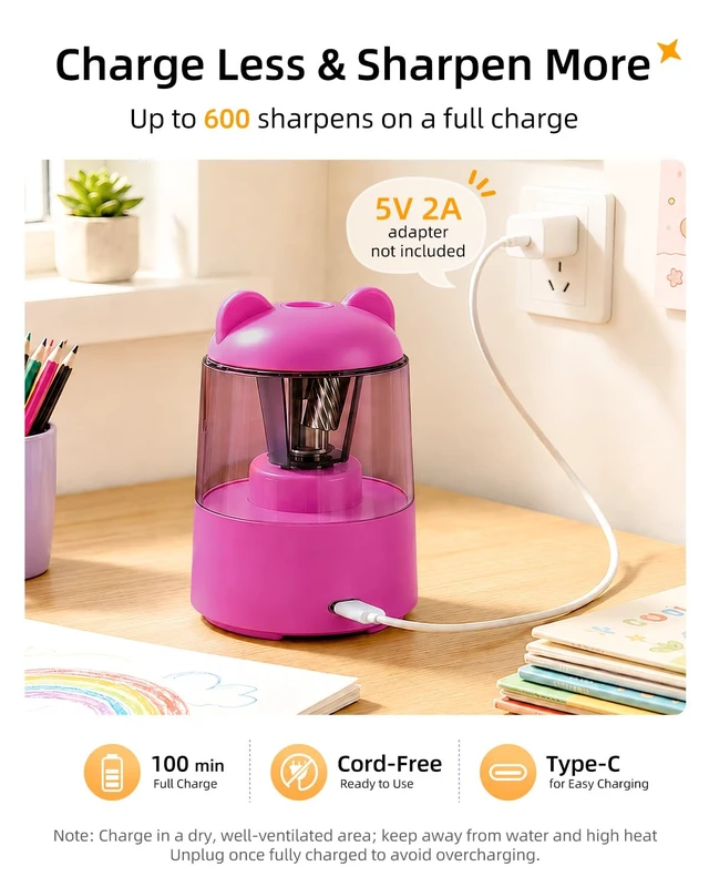 Alt view image 4 of 7 - Rechargeable Electric Pencil Sharpener for Colored Pencils Pink Automatic Stop 3 Modes To Choose Quick Charge Classroom/Home use