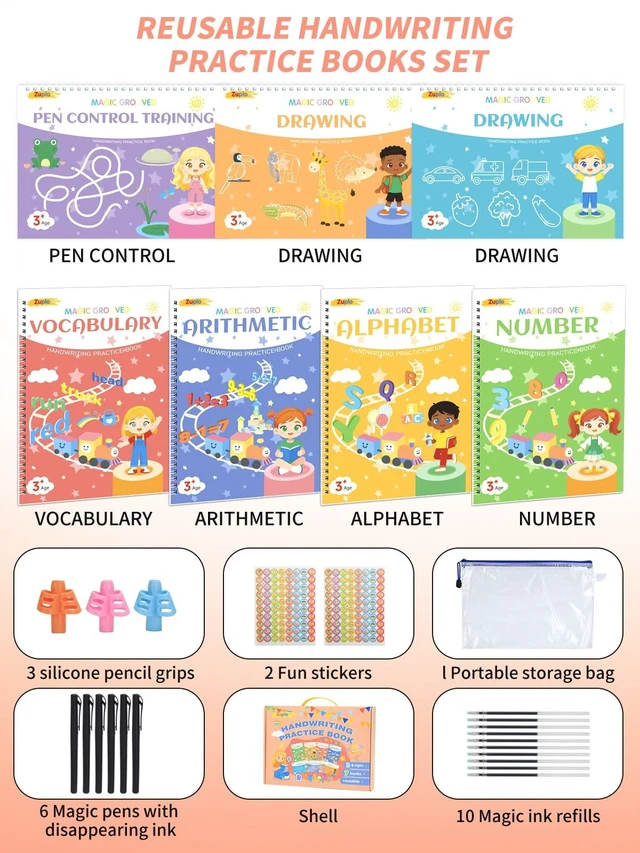 Alt view image 3 of 7 - Magic Grooved Writing Practice for Kids Ages 3-8, Reusable Workbooks Handwriting for Preschool Learning, Letters Numbers Math & Drawing Tracing Books with Disappearing Ink Pens, Educational Gift