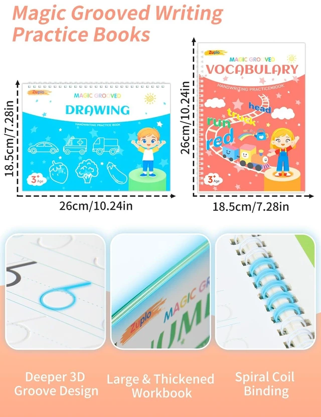 Alt view image 2 of 7 - Magic Grooved Writing Practice for Kids Ages 3-8, Reusable Workbooks Handwriting for Preschool Learning, Letters Numbers Math & Drawing Tracing Books with Disappearing Ink Pens, Educational Gift