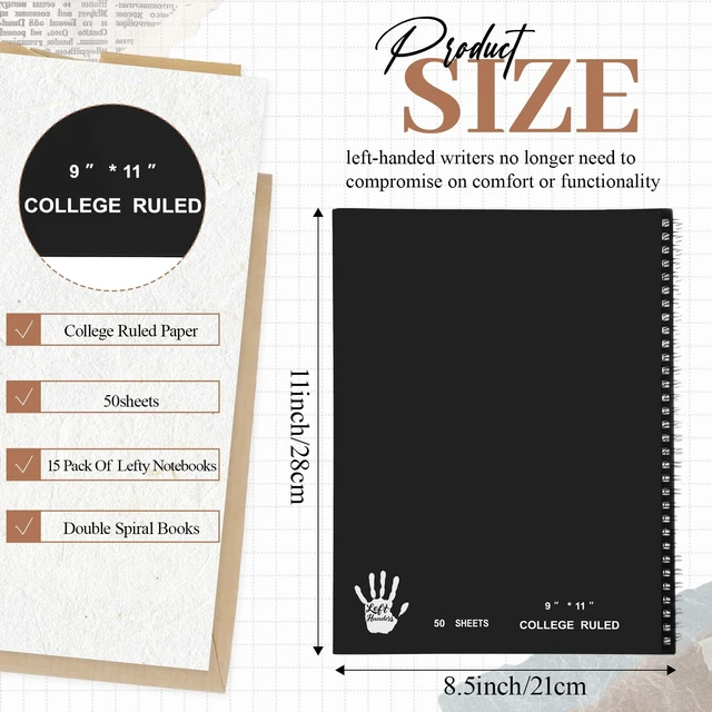 Alt view image 2 of 6 - 15 Pcs Left Handed Spiral Notebook Bulk, 8.5" x 11", 50 Sheets, Black 50 Sheets Each, Spiral Bound, Smooth Writing Paper, Student School Supplies, Assorted Color Covers, Office, Classroom, Study
