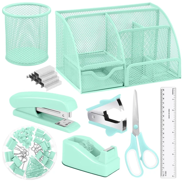 Main image of Green Desk Organizers and Accessories, Teal Office Supplies Set Green Mesh Desk Organizer, Stapler, Tape Dispenser, 1000 Staples, Staple Remover, Pen Holder, Clips Set, Ruler, Scissors
