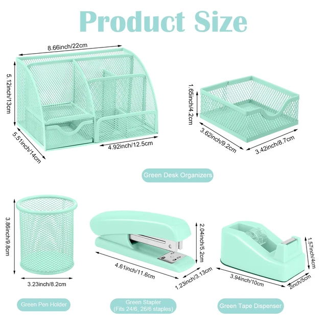 Alt view image 2 of 7 - Green Desk Organizers and Accessories, Teal Office Supplies Set Green Mesh Desk Organizer, Stapler, Tape Dispenser, 1000 Staples, Staple Remover, Pen Holder, Clips Set, Ruler, Scissors