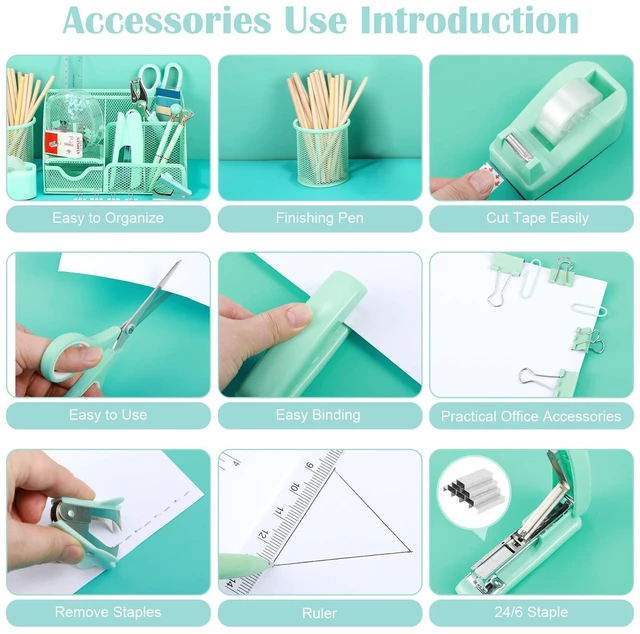 Alt view image 4 of 7 - Green Desk Organizers and Accessories, Teal Office Supplies Set Green Mesh Desk Organizer, Stapler, Tape Dispenser, 1000 Staples, Staple Remover, Pen Holder, Clips Set, Ruler, Scissors