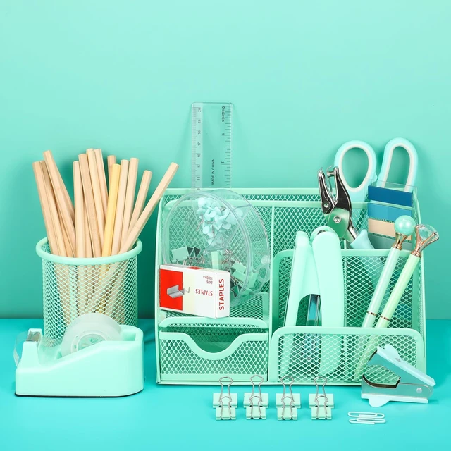 Alt view image 6 of 7 - Green Desk Organizers and Accessories, Teal Office Supplies Set Green Mesh Desk Organizer, Stapler, Tape Dispenser, 1000 Staples, Staple Remover, Pen Holder, Clips Set, Ruler, Scissors