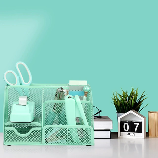 Alt view image 7 of 7 - Green Desk Organizers and Accessories, Teal Office Supplies Set Green Mesh Desk Organizer, Stapler, Tape Dispenser, 1000 Staples, Staple Remover, Pen Holder, Clips Set, Ruler, Scissors