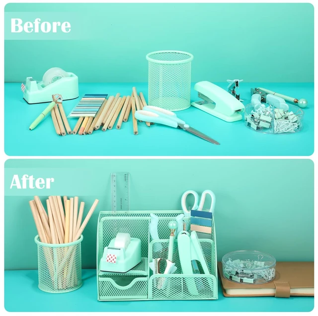Alt view image 5 of 7 - Green Desk Organizers and Accessories, Teal Office Supplies Set Green Mesh Desk Organizer, Stapler, Tape Dispenser, 1000 Staples, Staple Remover, Pen Holder, Clips Set, Ruler, Scissors