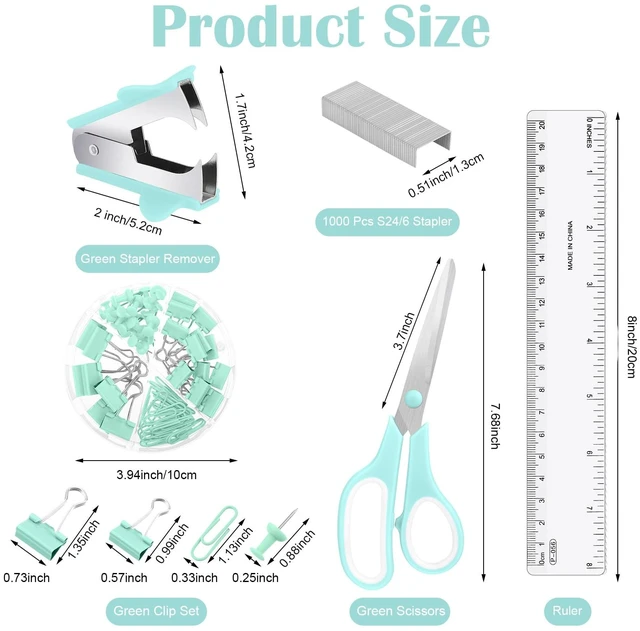 Alt view image 3 of 7 - Green Desk Organizers and Accessories, Teal Office Supplies Set Green Mesh Desk Organizer, Stapler, Tape Dispenser, 1000 Staples, Staple Remover, Pen Holder, Clips Set, Ruler, Scissors