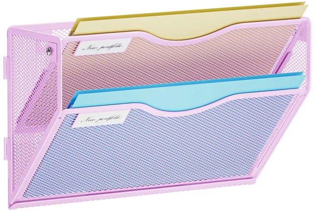 Main image of Wall File Holder 2-Tier Hanging Wall File Organizer, Mesh Mail Holder for Papers, Wall Mount File Clipboard & Magazine Organizer Great for Office Home (Purple)